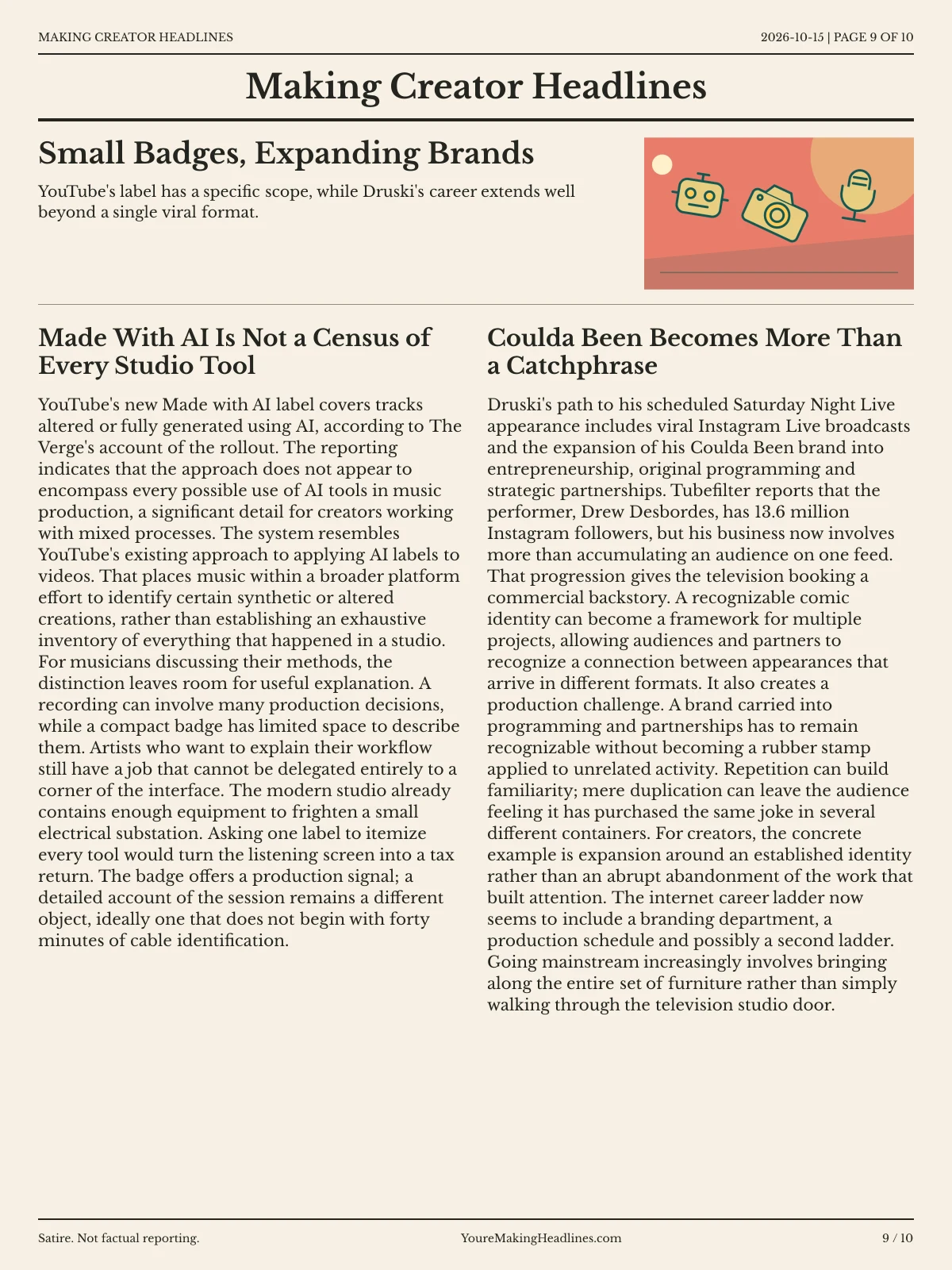Making Creator Headlines newspaper, page 9: Small Badges, Expanding Brands