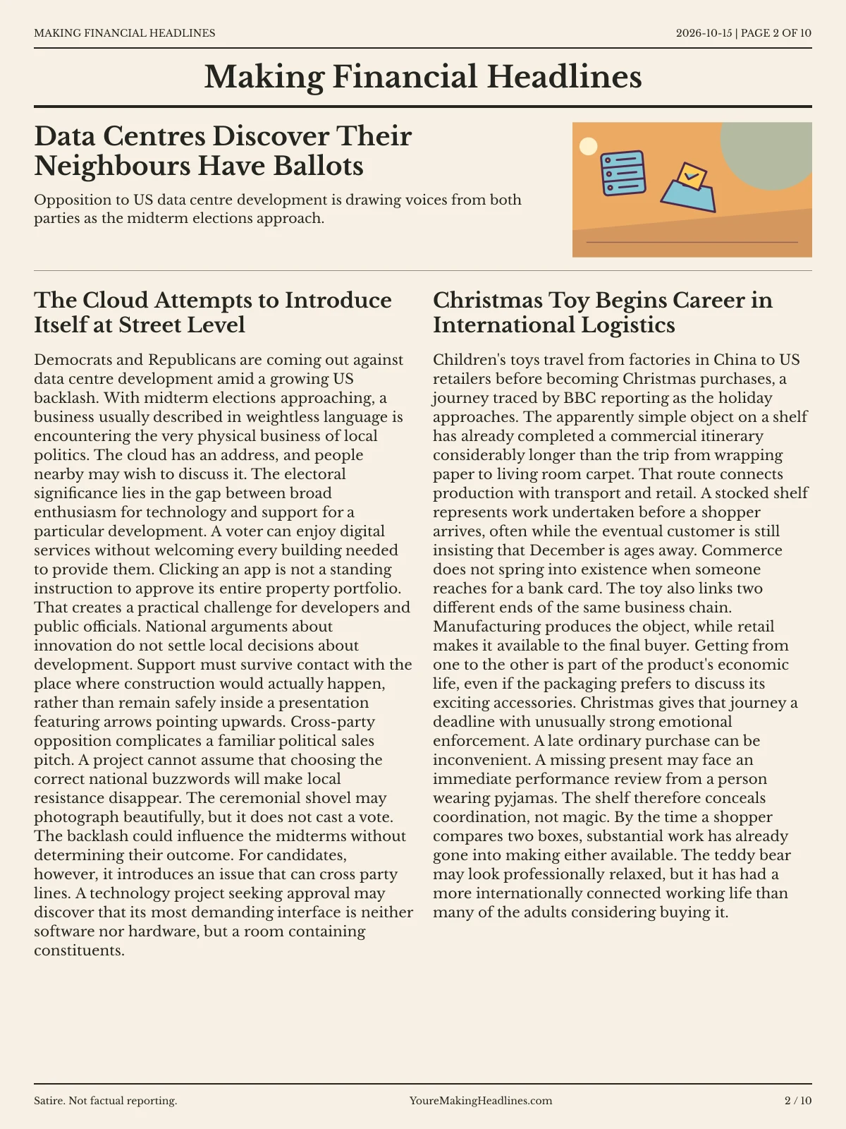Making Financial Headlines newspaper, page 2: Data Centres Discover Their Neighbours Have Ballots