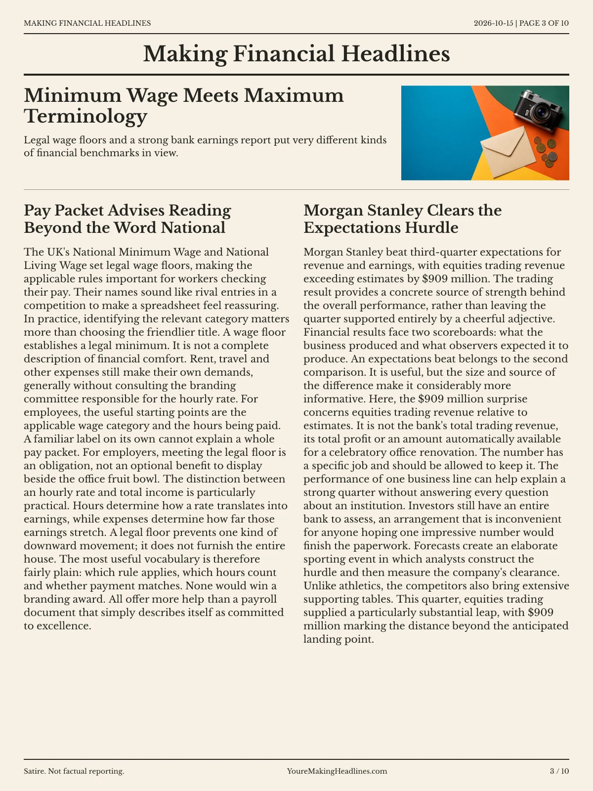 Making Financial Headlines newspaper, page 3: Minimum Wage Meets Maximum Terminology