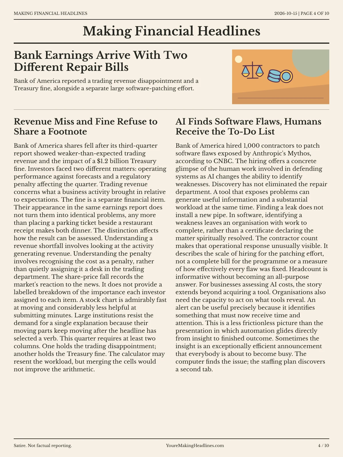 Making Financial Headlines newspaper, page 4: Bank Earnings Arrive With Two Different Repair Bills