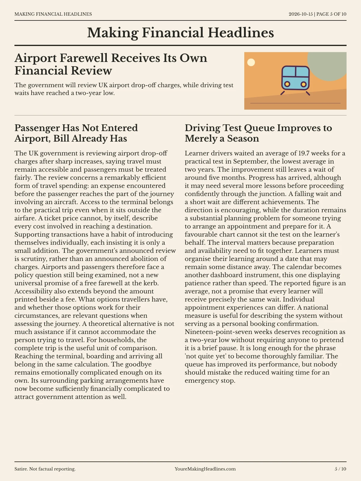 Making Financial Headlines newspaper, page 5: Airport Farewell Receives Its Own Financial Review
