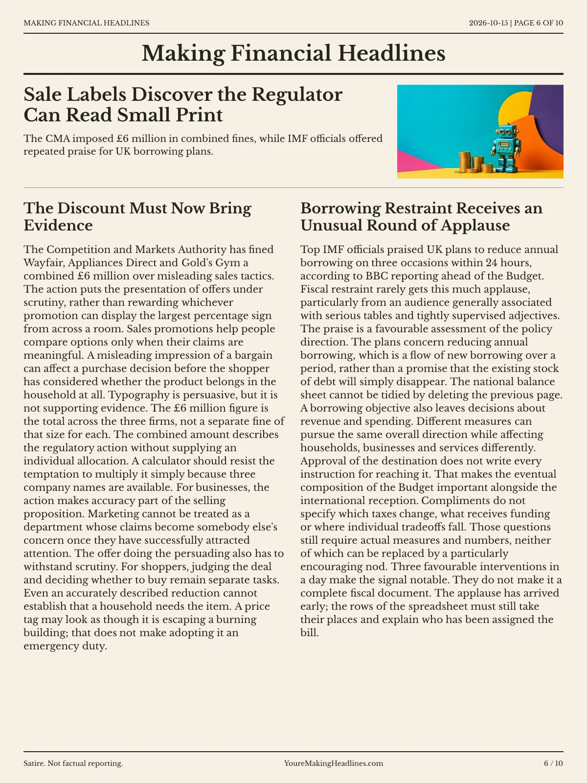 Making Financial Headlines newspaper, page 6: Sale Labels Discover the Regulator Can Read Small Print