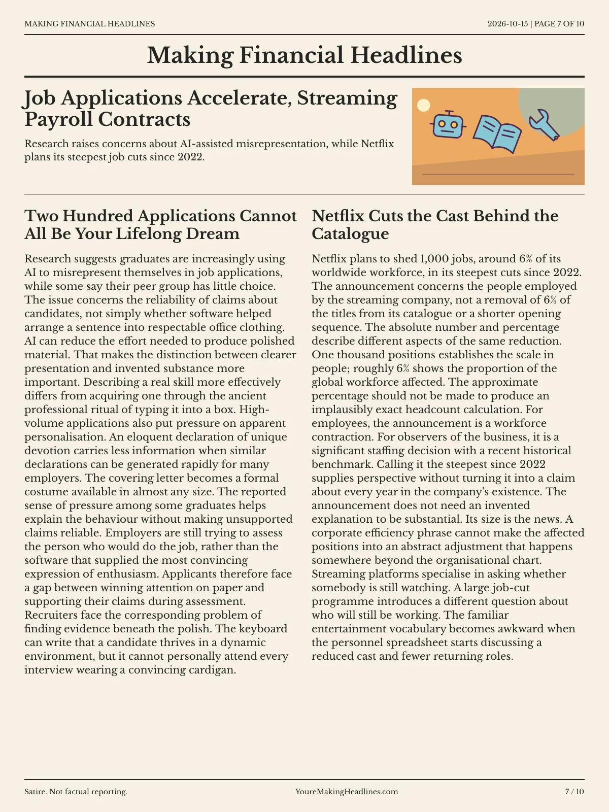 Making Financial Headlines newspaper, page 7: Job Applications Accelerate, Streaming Payroll Contracts