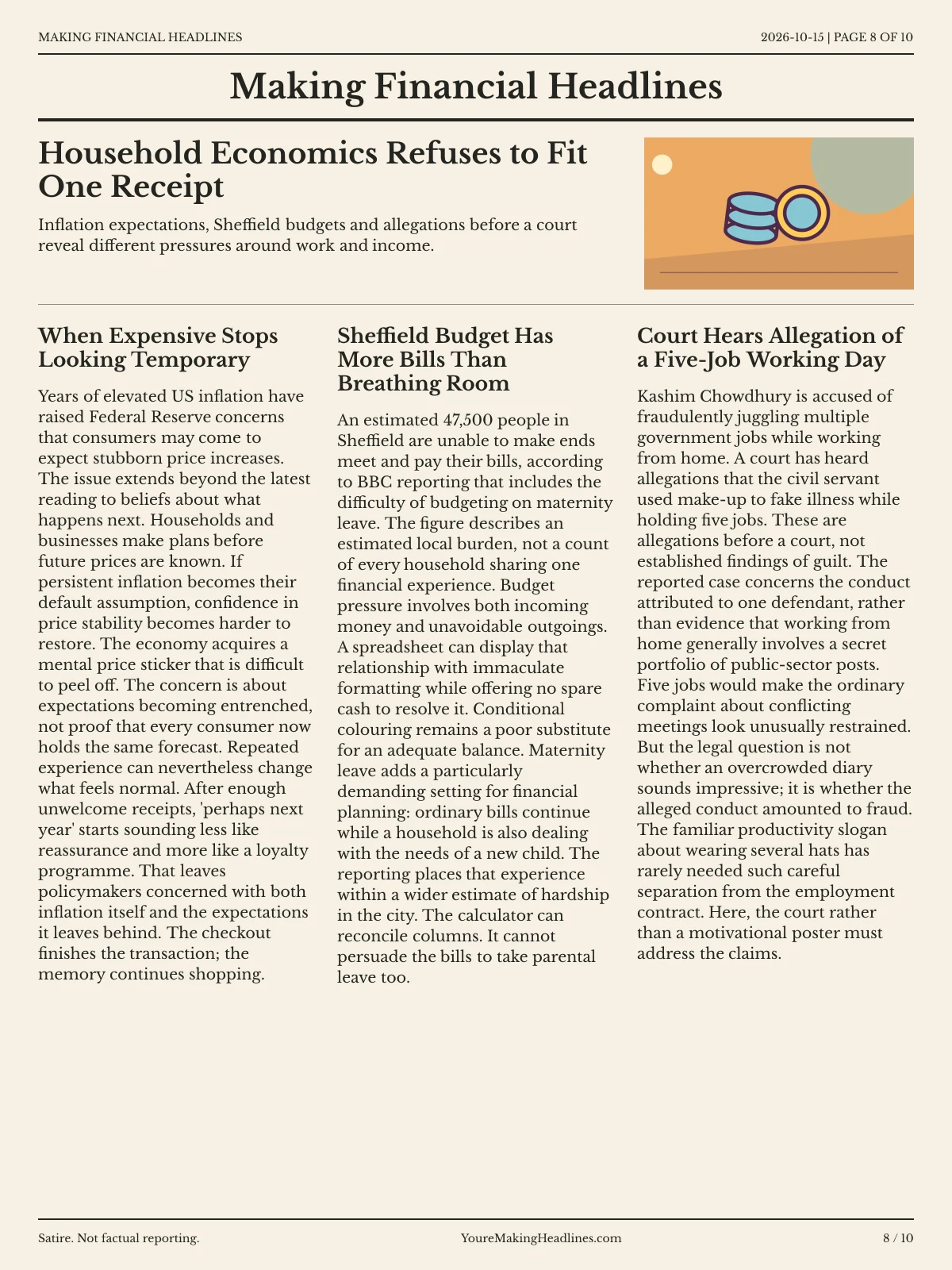 Making Financial Headlines newspaper, page 8: Household Economics Refuses to Fit One Receipt