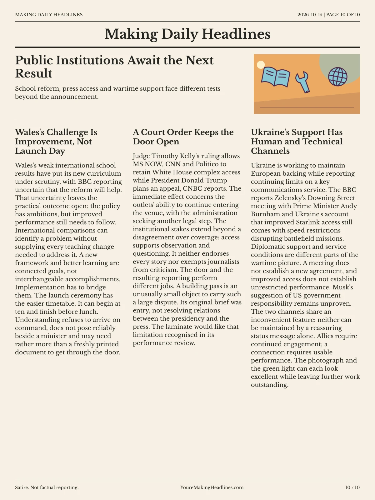 Making Daily Headlines newspaper, page 10: Public Institutions Await the Next Result