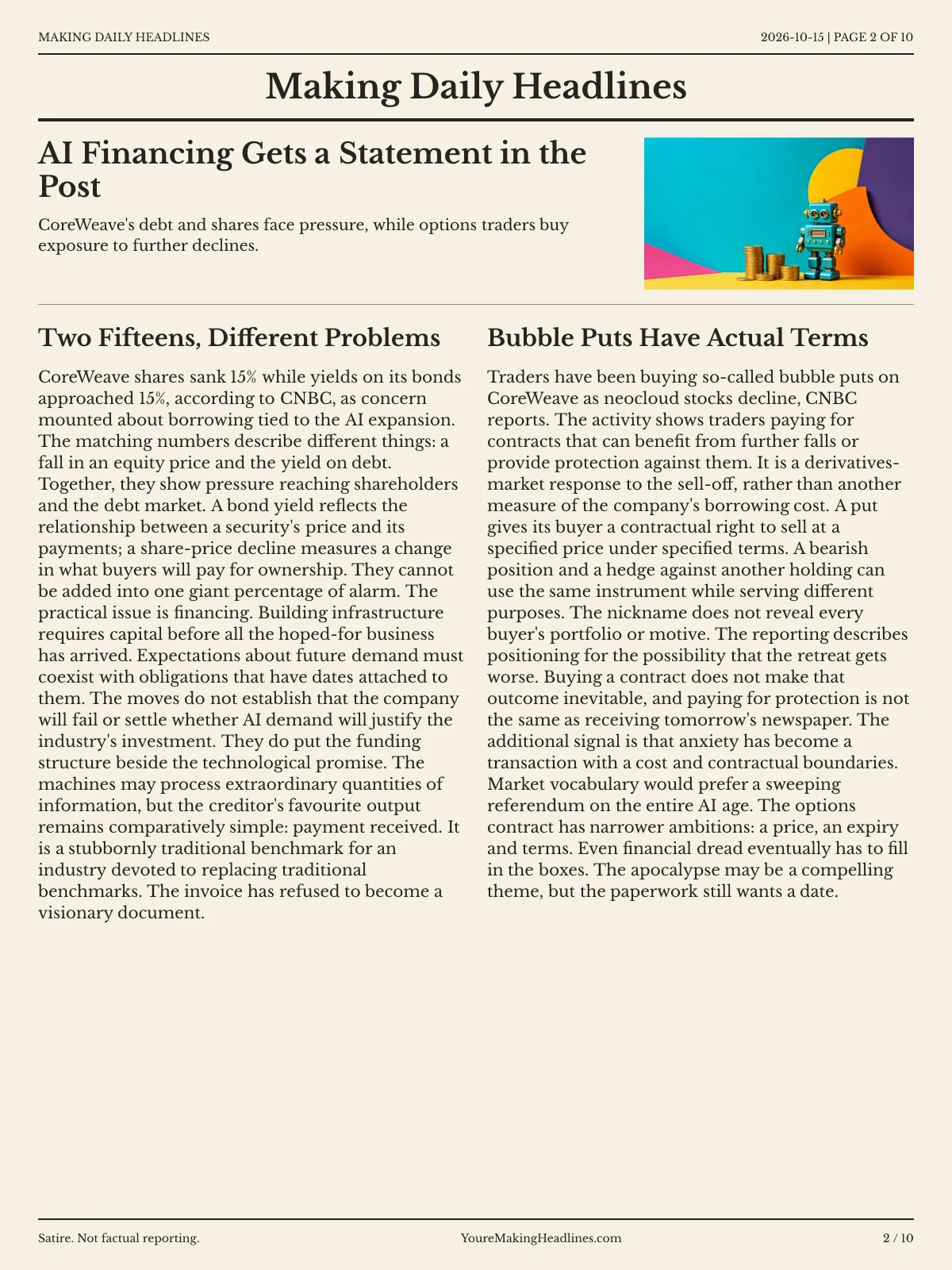 Making Daily Headlines newspaper, page 2: AI Financing Gets a Statement in the Post