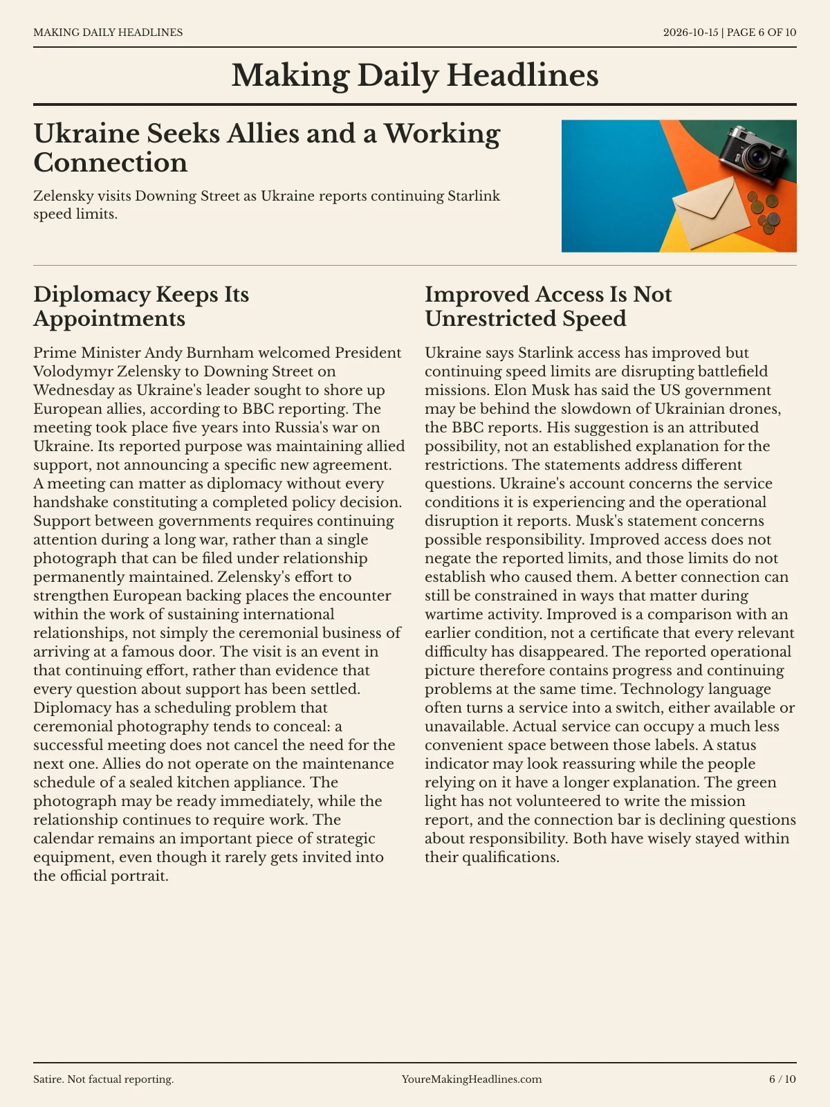 Making Daily Headlines newspaper, page 6: Ukraine Seeks Allies and a Working Connection