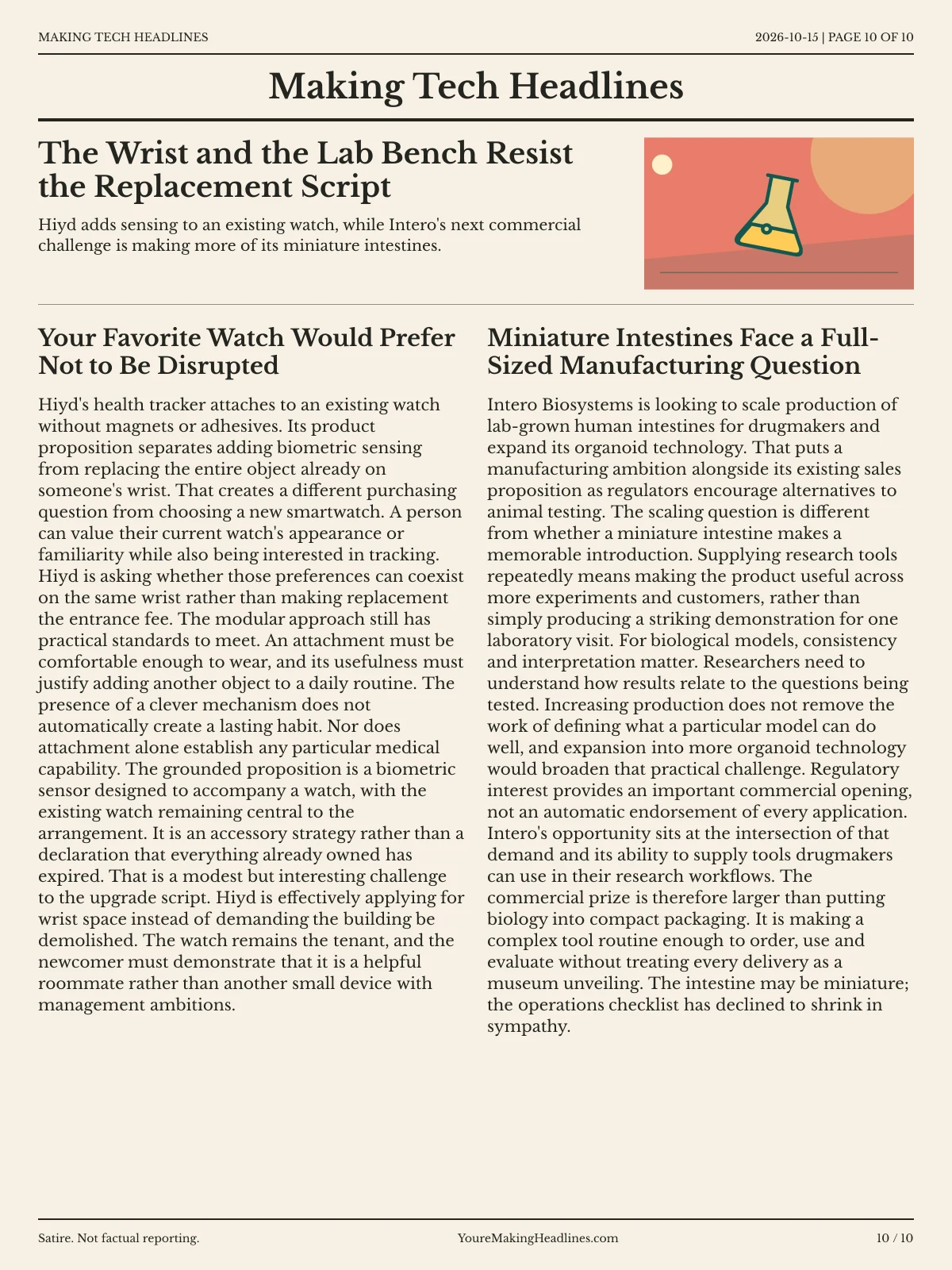 Making Tech Headlines newspaper, page 10: The Wrist and the Lab Bench Resist the Replacement Script
