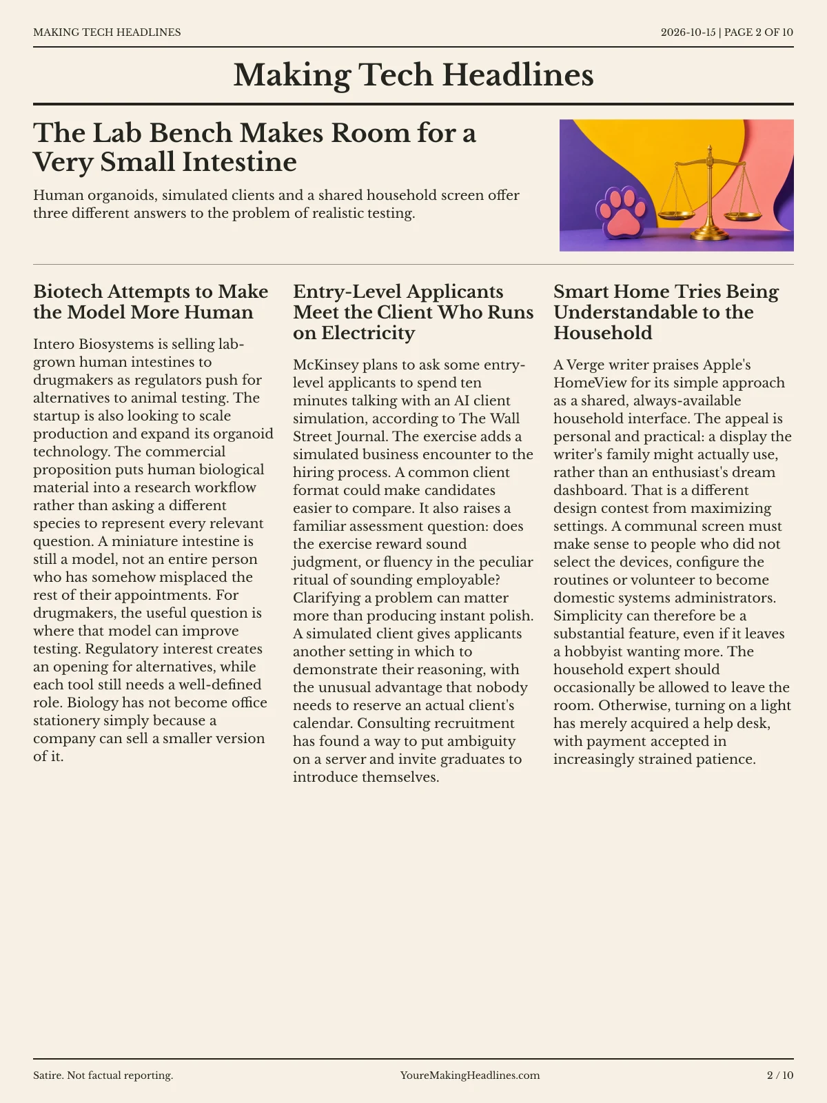 Making Tech Headlines newspaper, page 2: The Lab Bench Makes Room for a Very Small Intestine
