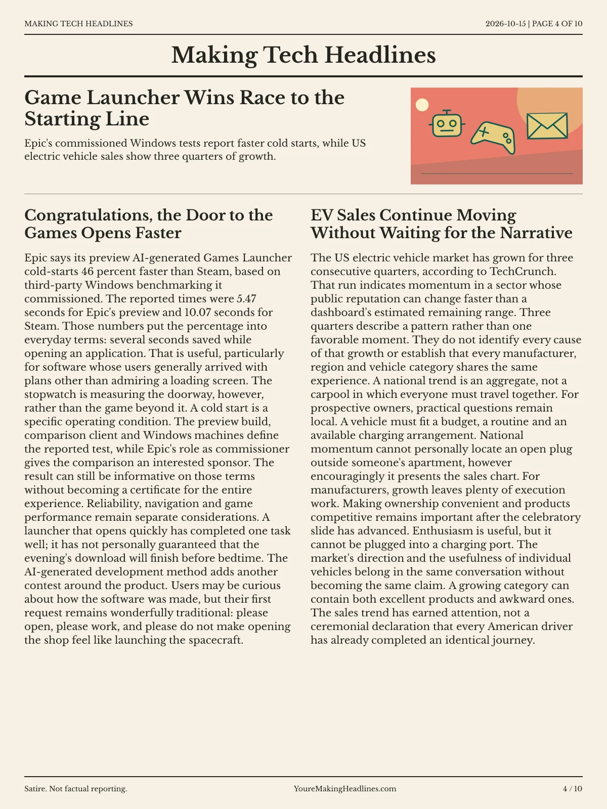 Making Tech Headlines newspaper, page 4: Game Launcher Wins Race to the Starting Line