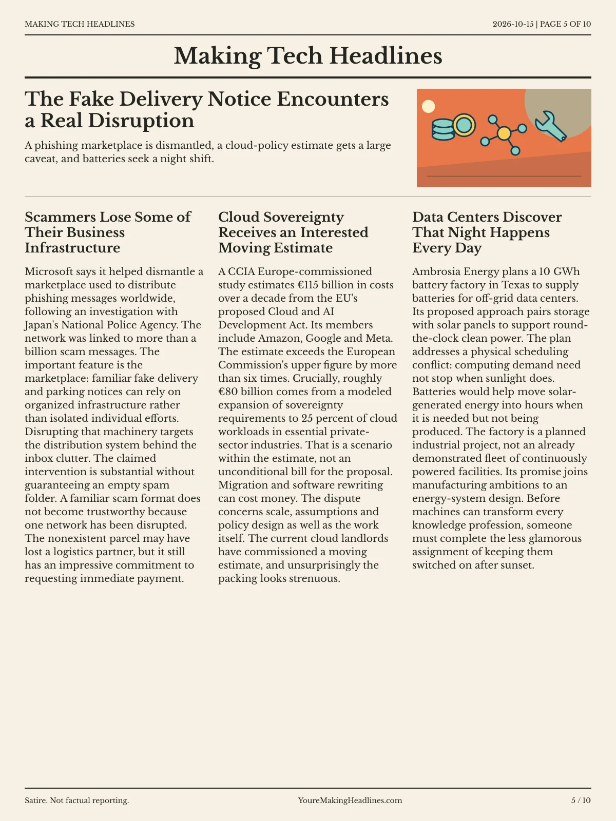 Making Tech Headlines newspaper, page 5: The Fake Delivery Notice Encounters a Real Disruption