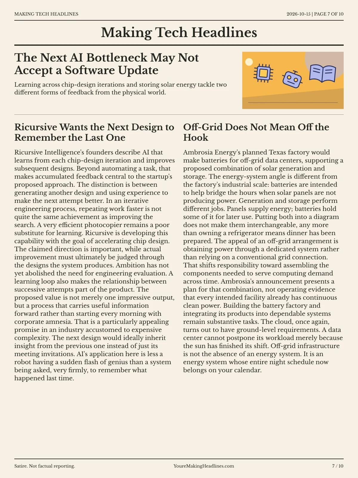 Making Tech Headlines newspaper, page 7: The Next AI Bottleneck May Not Accept a Software Update