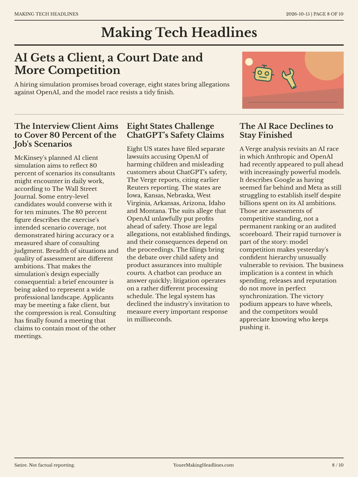 Making Tech Headlines newspaper, page 8: AI Gets a Client, a Court Date and More Competition