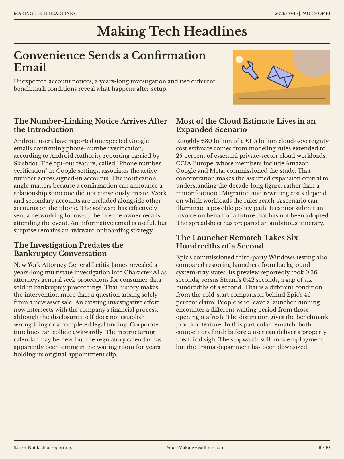 Making Tech Headlines newspaper, page 9: Convenience Sends a Confirmation Email