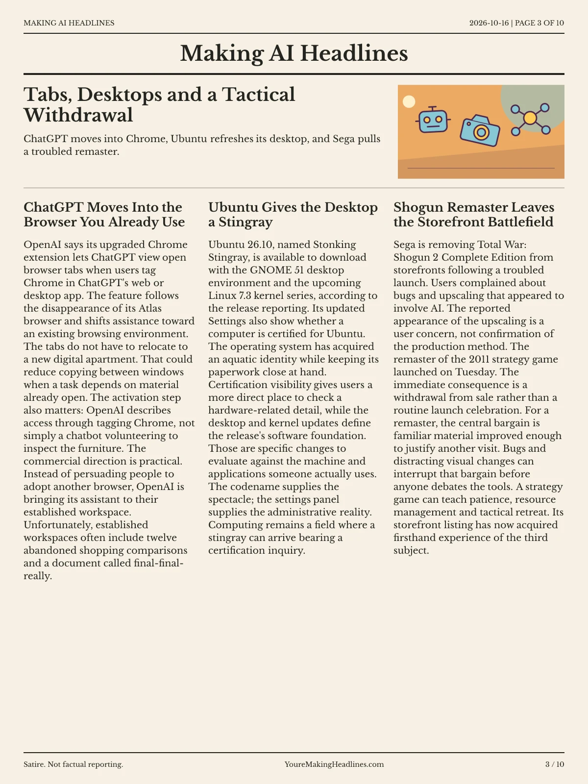 Making AI Headlines newspaper, page 3: Tabs, Desktops and a Tactical Withdrawal