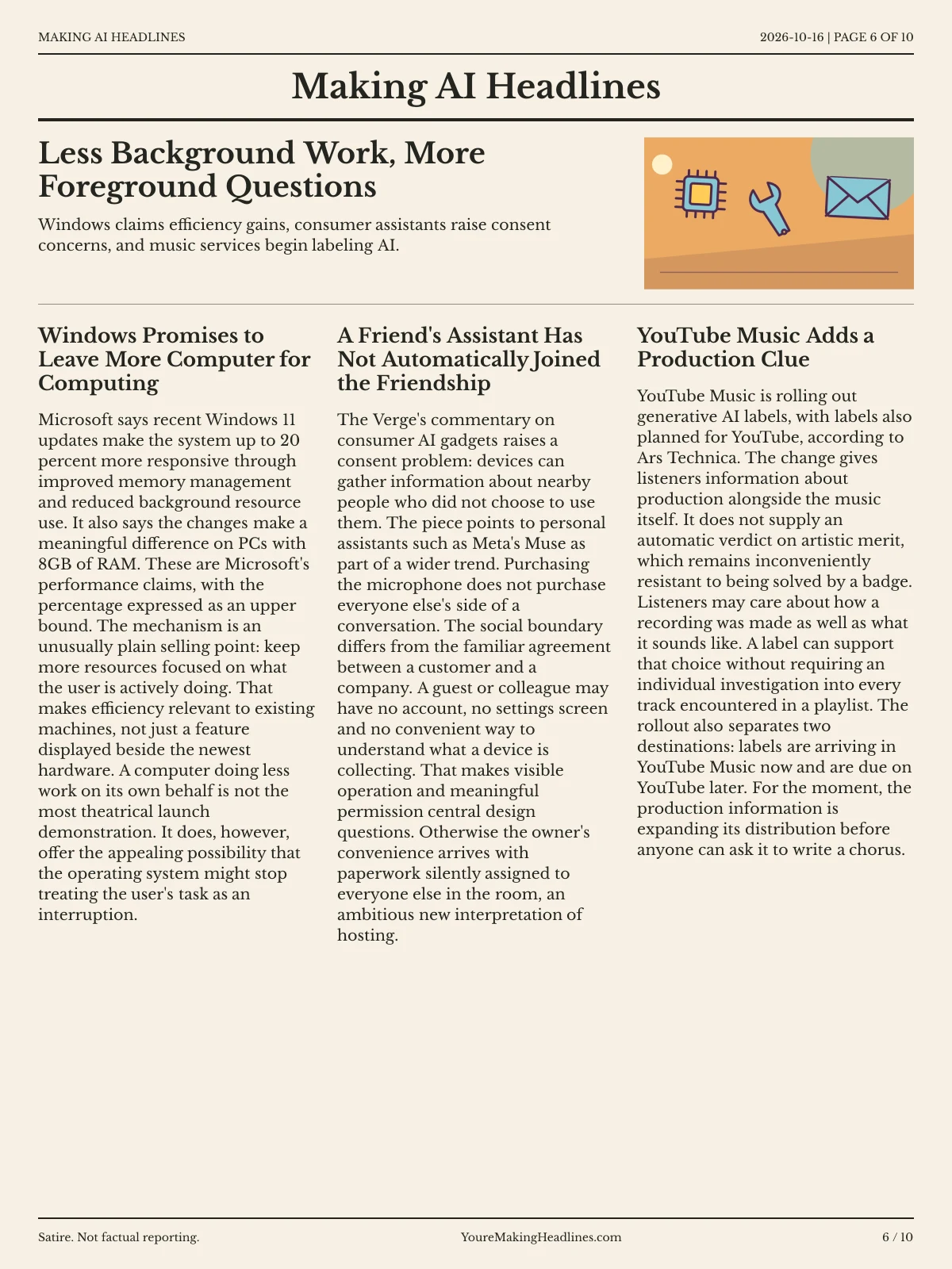 Making AI Headlines newspaper, page 6: Less Background Work, More Foreground Questions