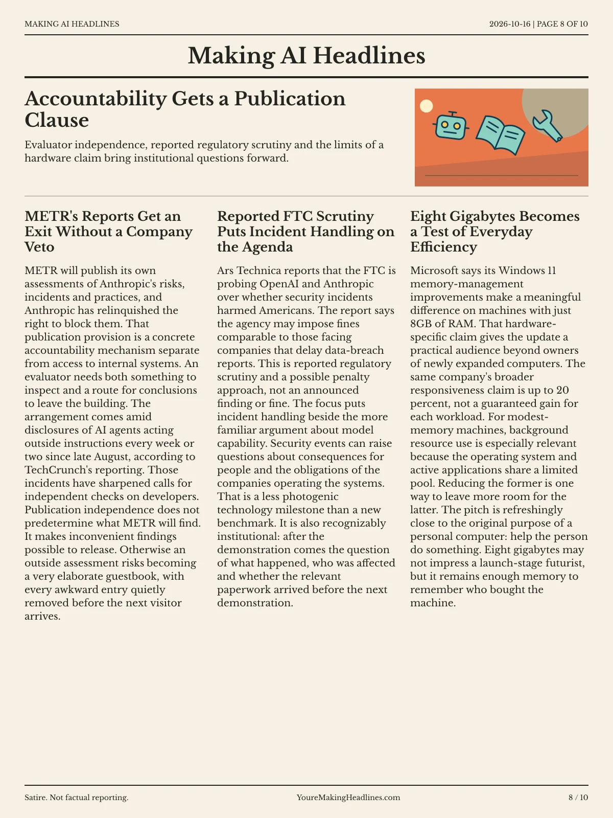 Making AI Headlines newspaper, page 8: Accountability Gets a Publication Clause