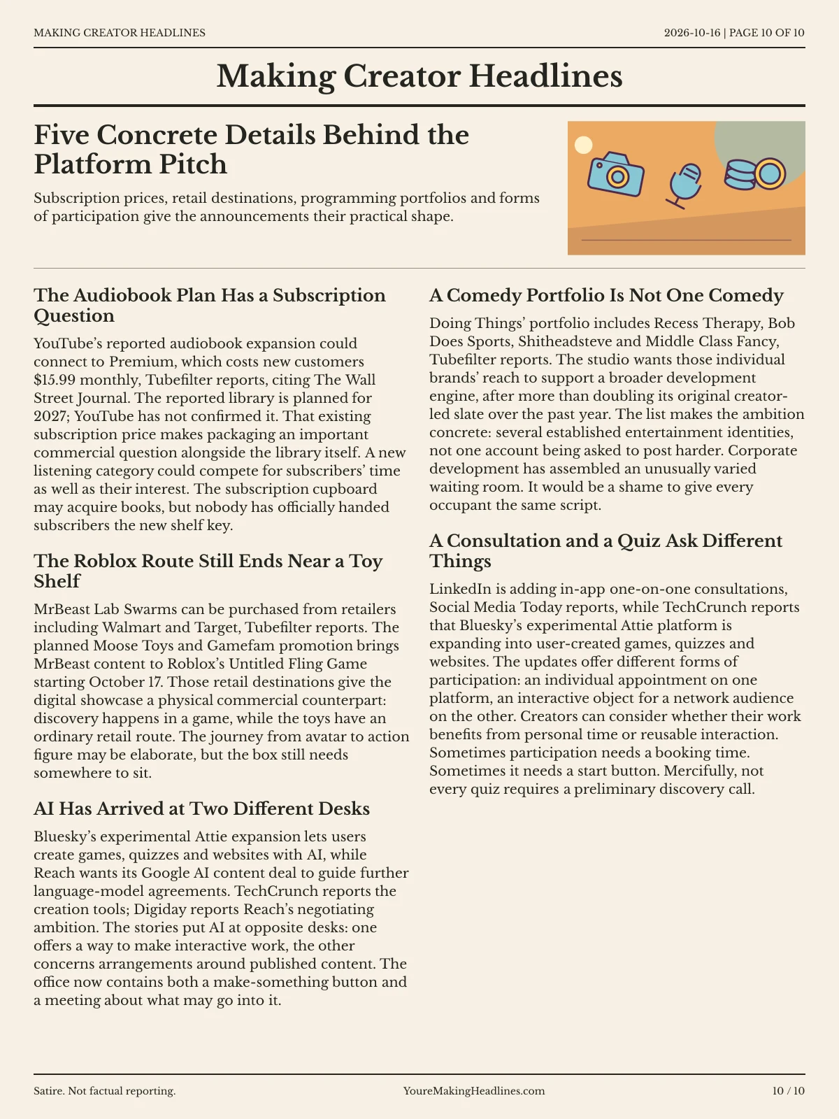 Making Creator Headlines newspaper, page 10: Five Concrete Details Behind the Platform Pitch