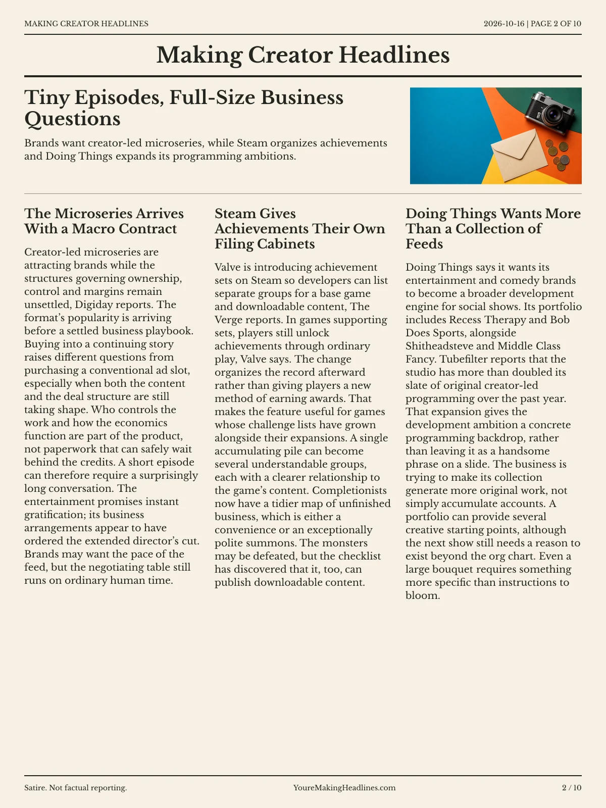 Making Creator Headlines newspaper, page 2: Tiny Episodes, Full-Size Business Questions