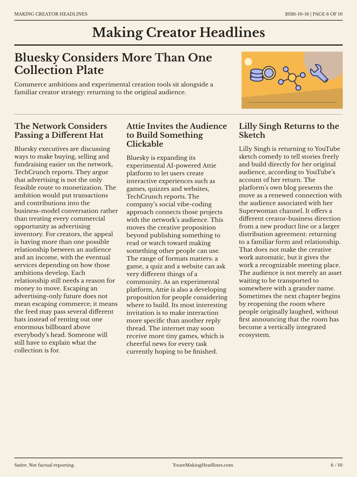Making Creator Headlines newspaper, page 6: Bluesky Considers More Than One Collection Plate