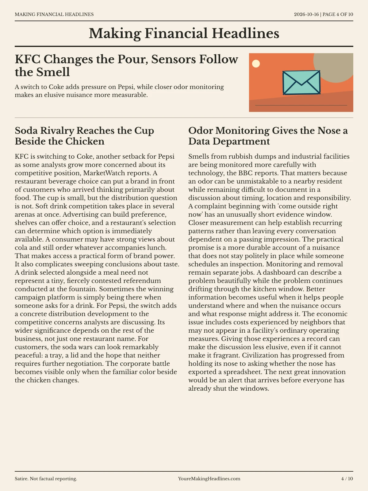 Making Financial Headlines newspaper, page 4: KFC Changes the Pour, Sensors Follow the Smell