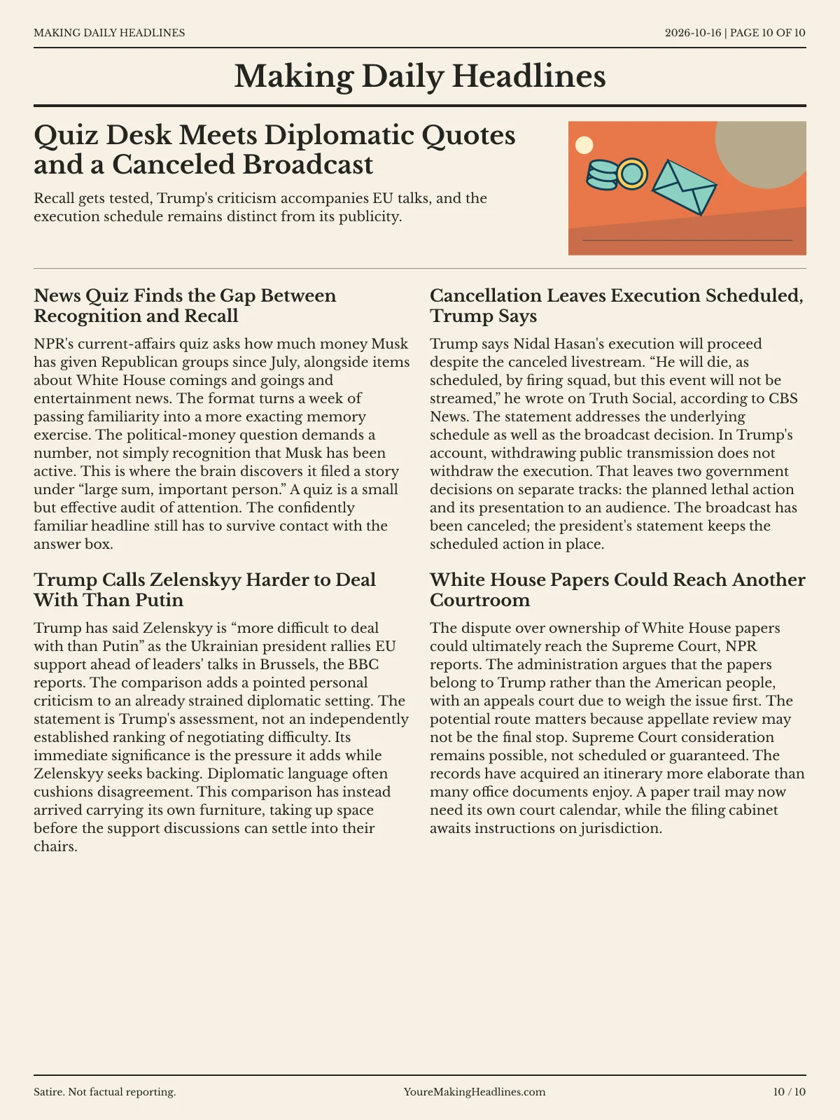 Making Daily Headlines newspaper, page 10: Quiz Desk Meets Diplomatic Quotes and a Canceled Broadcast