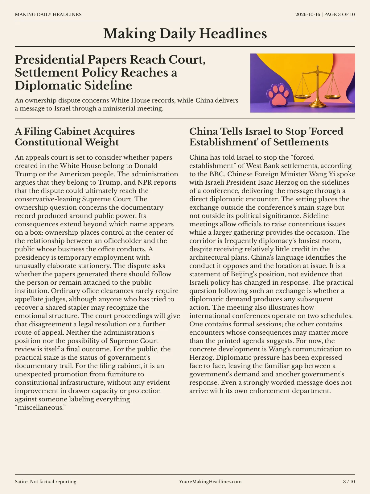 Making Daily Headlines newspaper, page 3: Presidential Papers Reach Court, Settlement Policy Reaches a Diplomatic Sideline