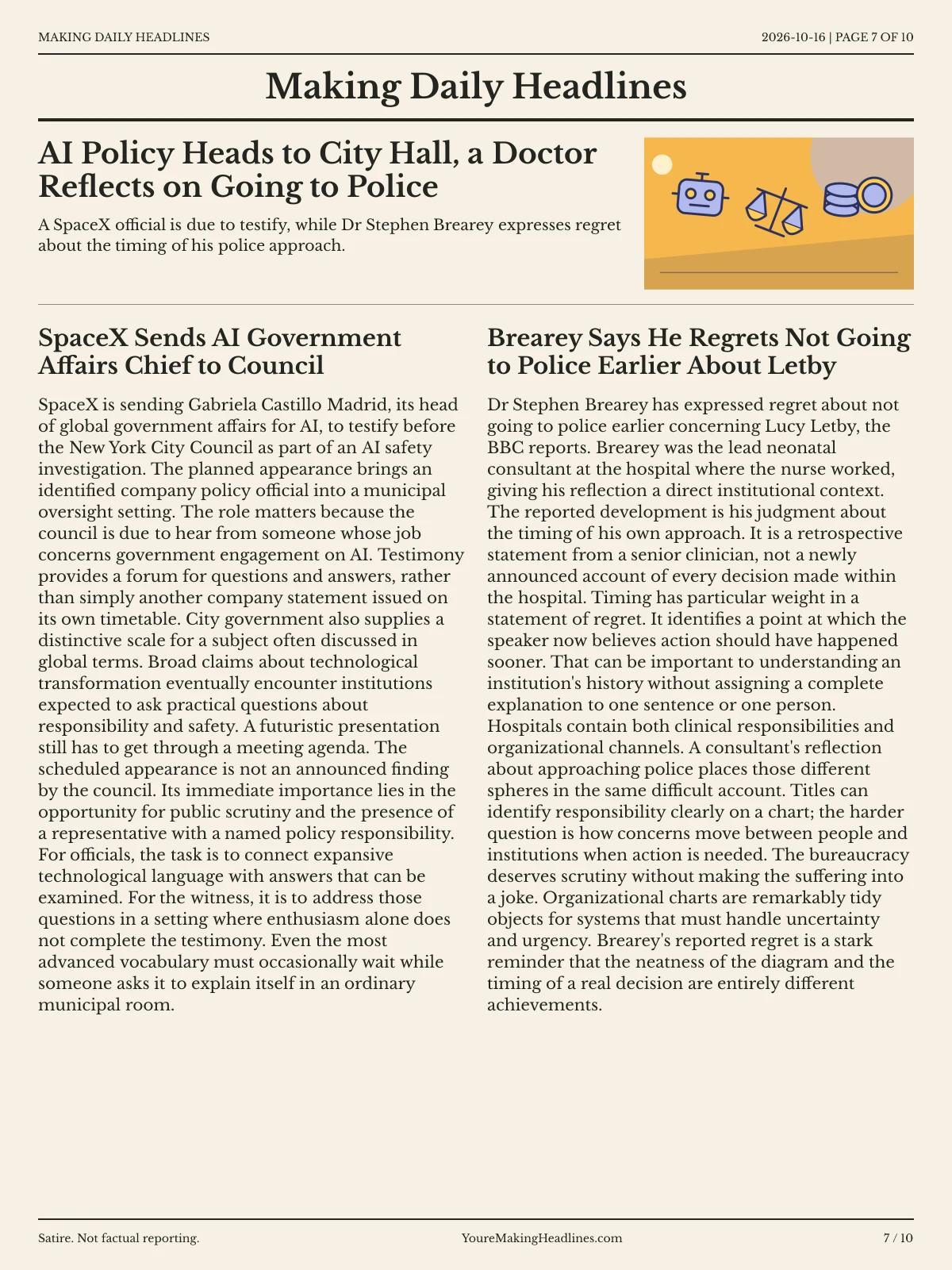 Making Daily Headlines newspaper, page 7: AI Policy Heads to City Hall, a Doctor Reflects on Going to Police
