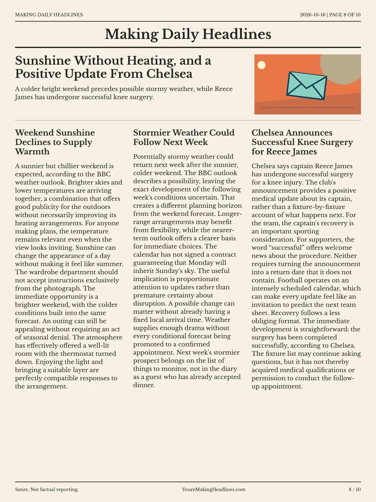 Making Daily Headlines newspaper, page 8: Sunshine Without Heating, and a Positive Update From Chelsea