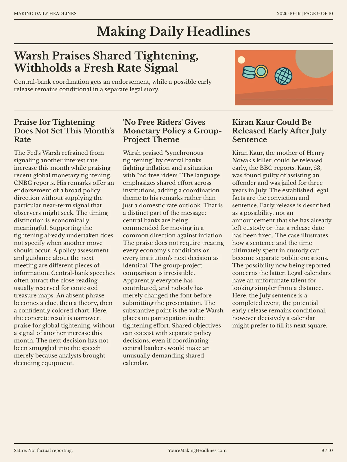 Making Daily Headlines newspaper, page 9: Warsh Praises Shared Tightening, Withholds a Fresh Rate Signal
