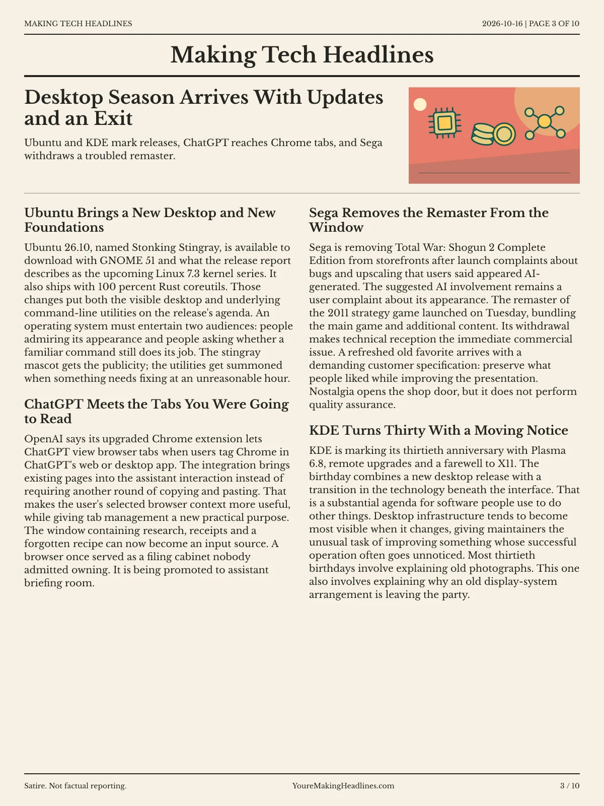 Making Tech Headlines newspaper, page 3: Desktop Season Arrives With Updates and an Exit