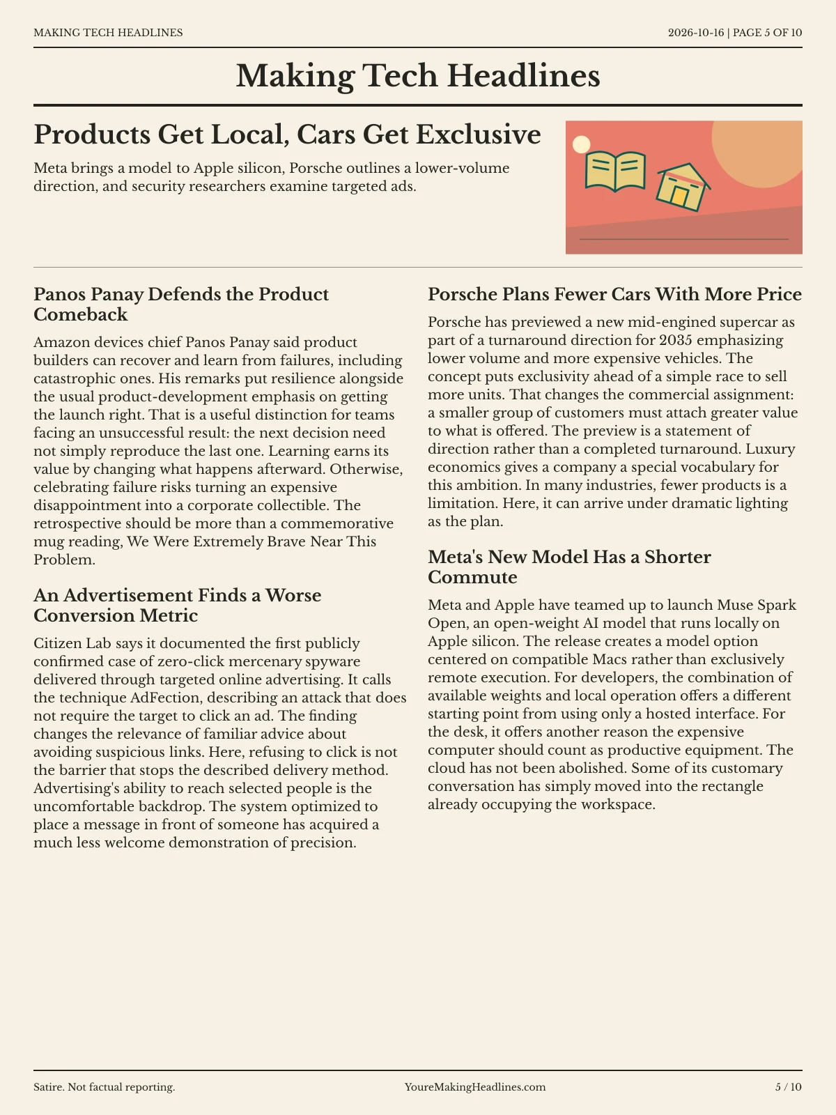 Making Tech Headlines newspaper, page 5: Products Get Local, Cars Get Exclusive