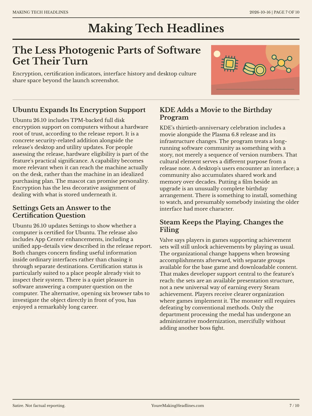Making Tech Headlines newspaper, page 7: The Less Photogenic Parts of Software Get Their Turn