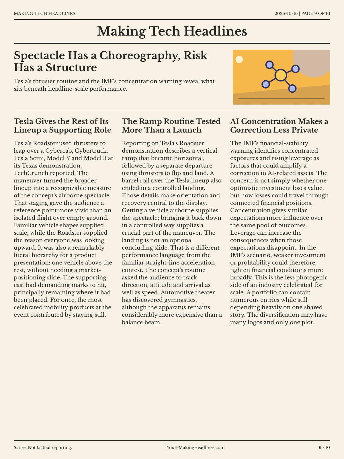 Making Tech Headlines newspaper, page 9: Spectacle Has a Choreography, Risk Has a Structure