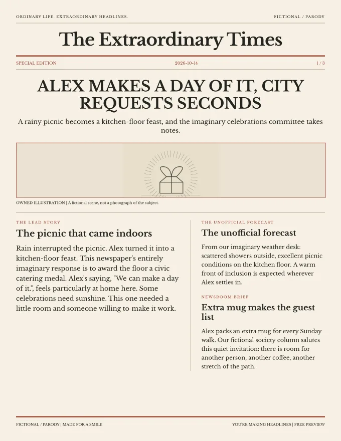 Example fictional newspaper celebrating Alex